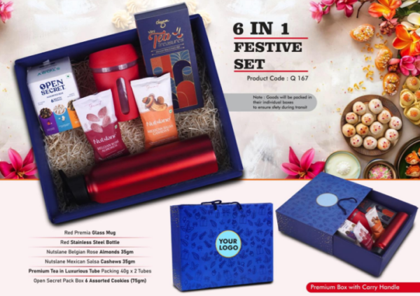 Q167 – Festive Set of 6: Glass Mug with Silicon Cover, SS Bottle 1L, Assorted Cookies Pack, Mexican Salsa Cashews, Belgian Rose Almonds, Tea Gift Pack