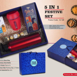 Q168 – Festive Set of 5: Glass Mug with Silicon Cover, SS Bottle 1L, Assorted Cookies Pack, Ferrero Rocher Pack of 4, Tea Gift Pack