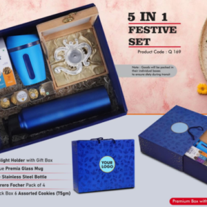 Q169 – Festive Set of 5: Glass Mug with Silicon Cover, SS Bottle 1L, OM Metal Tealight holder, Assorted Cookies Pack, Ferrero Rocher Pack of 4