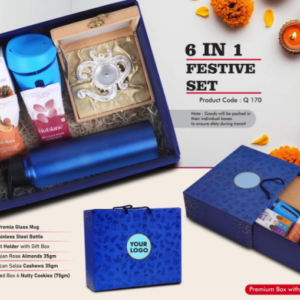 Q170 – Festive Set of 6: Glass Mug with Silicon Cover, SS Bottle 1L, OM Metal Tealight holder, Assorted Cookies Pack, Mexican Salsa Cashews, Belgian Rose Almonds