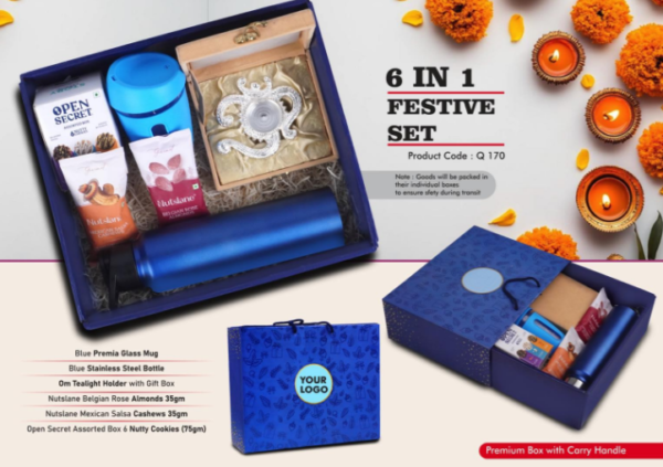 Q170 – Festive Set of 6: Glass Mug with Silicon Cover, SS Bottle 1L, OM Metal Tealight holder, Assorted Cookies Pack, Mexican Salsa Cashews, Belgian Rose Almonds