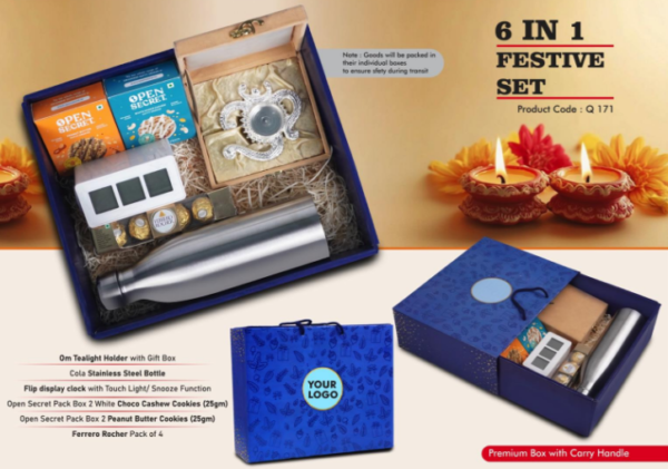 Q171 – Festive Set of 6: Cola SS Bottle 1L, Digital Clock with Backlight, OM Metal Tealight holder, Ferrero Rocher Pack of 4, 2 Choco Cashew Cookies, 2 Peanut Butter Cookies