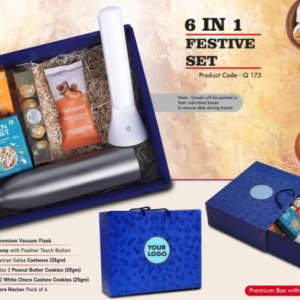 Q173 – Festive Set of 6: Cola Vacuum Flask 750ml, Folding Desk Lamp, Ferrero Rocher Pack of 4, 2 Choco Cashew Cookies, 2 Peanut Butter Cookies, Mexican Salsa Cashews