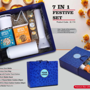 Q174 – Festive Set of 7: SS Bottle 750Ml, Folding Desk Lamp, Metal Mobile Stand, SS Mug with Handle, Ferrero Rocher Pack of 4, 2 Choco Cashew Cookies, 2 Peanut Butter Cookies