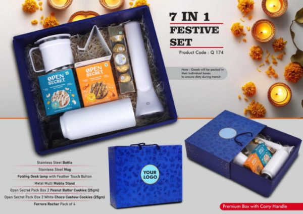 Q174 – Festive Set of 7: SS Bottle 750Ml, Folding Desk Lamp, Metal Mobile Stand, SS Mug with Handle, Ferrero Rocher Pack of 4, 2 Choco Cashew Cookies, 2 Peanut Butter Cookies