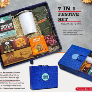 Q177a – Festive Set of 7: Brighto Shine Rechargeable Lamp, Premium SS Mug, LED Light Diya Set of 6, Sugarfree Choco Chip Oat Cookies, Mexican Salsa Cashews, Belgian Rose Almonds, 2 Peanut Butter Cookies– Min 10 pcs