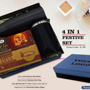 Q189 – Festive Set of 4: Cola SS Bottle 1L, Premium SS Mug, LED Light Diya Set of 6, Sugarfree Choco Chip Oat Cookies