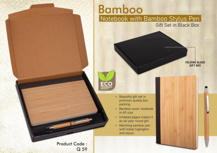 Q59 – Bamboo Notebook with Bamboo pen | Gift set in Black box