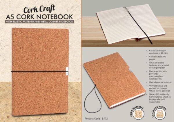 B172 – CorkCraft A5 Cork Notebook with Elastic Fastener and Metal Corner Protector