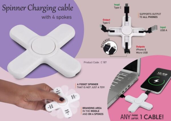 C187 – Spinner Charging cable with 4 spokes | Dual Input USB A & C | Supports output to all Phones