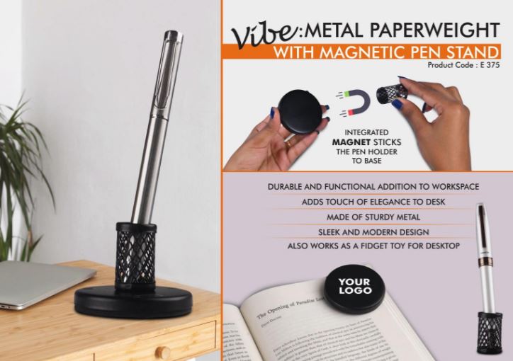 E375 – Vibe: Metal Paperweight with Magnetic Pen Stand