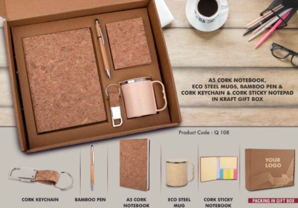 Q108 – EcoSet 2: Set of A5 Cork notebook, Eco Steel mug, Bamboo Pen, Cork Keychain & Cork Sticky notepad in Kraft Gift Box