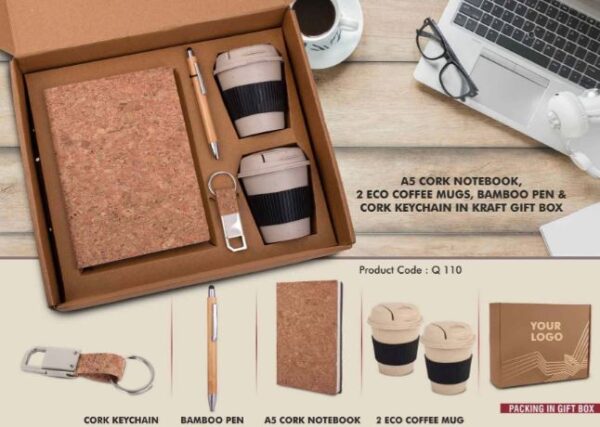 Q110 – EcoSet 4: Set of A5 Cork notebook, 2 Bamboo Coffee Mugs with Silicon Sleeve, Bamboo Pen & Cork Keychain in Kraft Gift Box