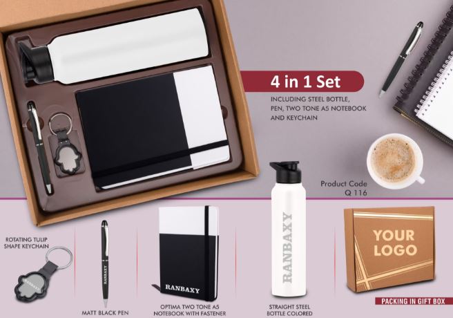 Q116 – 4 in 1 Dual Tone set: Tulip shape Keychain, SS colored bottle, Metal Pen and A5 PU notebook in Kraft Gift Box