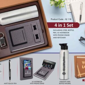 Q118 – 4 in 1 Gray set: Metal Keychain, SS natural bottle, Metal Pen and 4 in 1 notebook in Kraft Gift Box