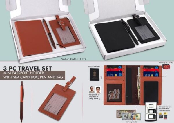 Q119 – 3 pc Travel set: Mini Passport holder with Sim card box, Luggage tag & Metal Pen in Gift box