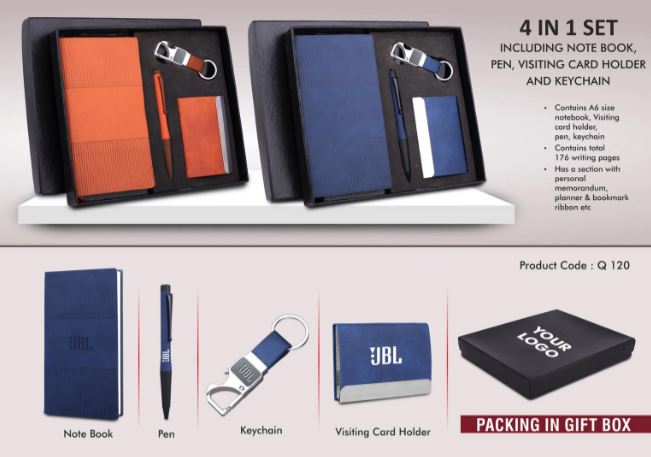 Q120 – 4 pc Notebook Set: A6 size notebook, Metal Pen, Loop Keychain & Visiting card holder in Gift box