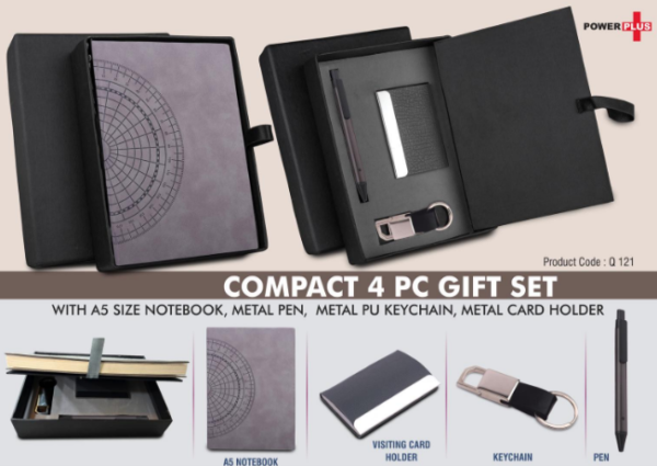 Q121 – Compact 4 pc Gray gift set: A5 size Notebook, Metal pen, Metal PU Keychain, Metal Card holder