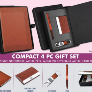 Q122 – Compact 4 pc Tan gift set: A5 size Notebook, Metal pen, Metal PU Keychain, Metal Card holder