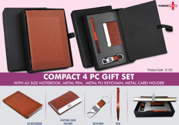 Q122 – Compact 4 pc Tan gift set: A5 size Notebook, Metal pen, Metal PU Keychain, Metal Card holder