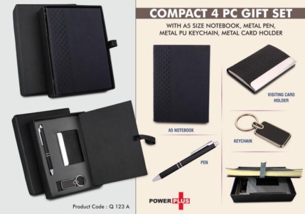 Q123a – Compact 4 pc Black gift set: A5 size Notebook, Metal pen, Metal PU Keychain, Metal Card holder