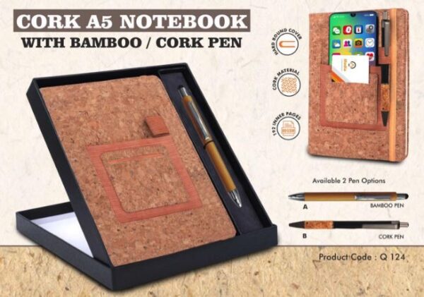 Q124 – Notebook Gift set Eco: Cork A5 Notebook With Bamboo / Cork Pen