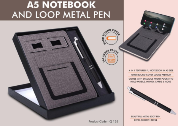Q126 – Gray Notebook Gift set: Multifunction Notebook With Classy Metal Pen