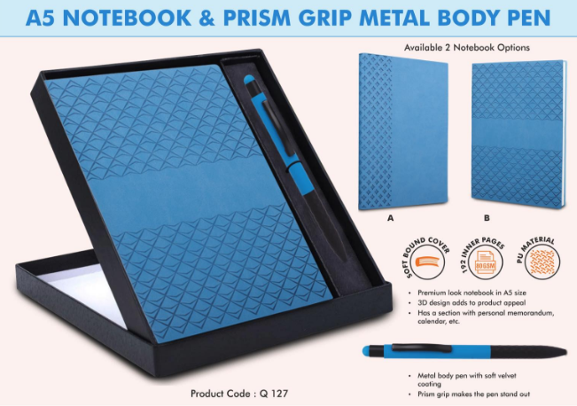 Q127 – Blue Notebook Gift set: A5 PU Notebook With Prism Metal Pen