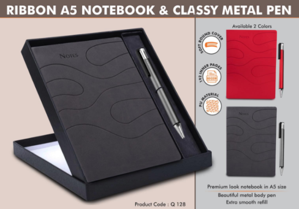 Q128 – Ribbon Notebook Gift set: A5 Ribbon Notebook With Classy Metal Pen