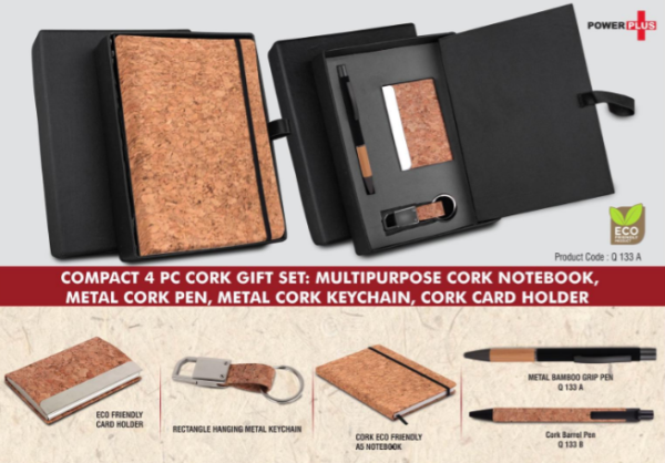 Q133b – Compact 4 pc Cork gift set: Cork Notebook, Cork pen, Metal Cork Keychain, Cork Card holder