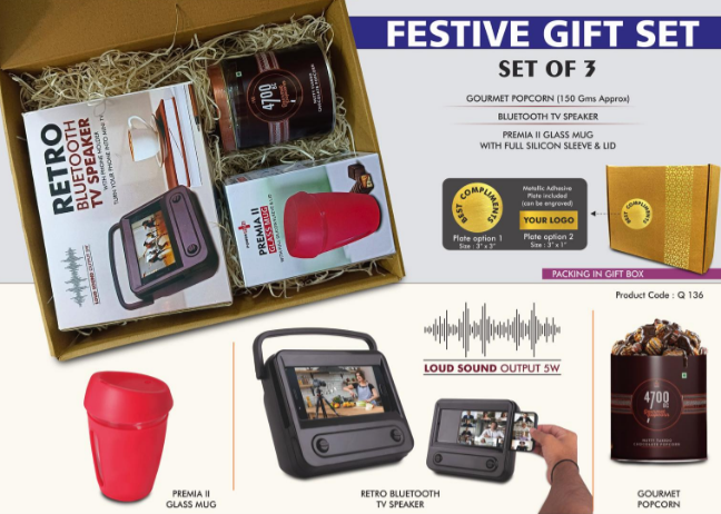 Q136 – Festive Gift Set of 3: Premium Glass mug, Bluetooth TV Speaker & Gourmet Popcorn | Metal Plate included