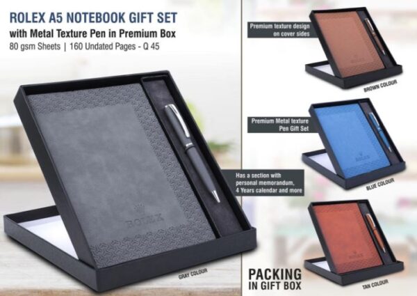 Q45 – Rolex Notebook with Metal Texture pen Gift set in Premium box