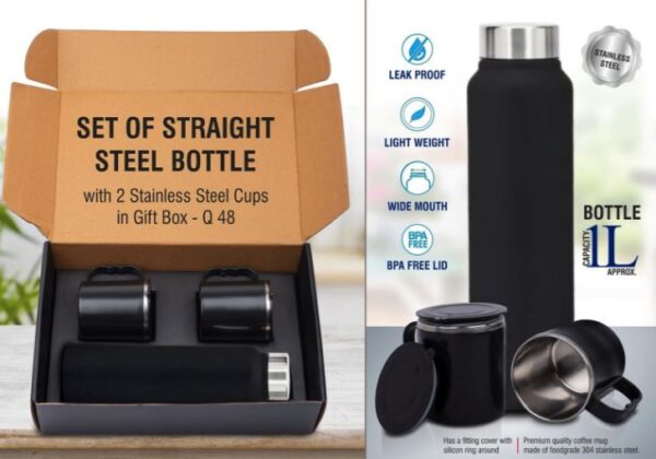 Q48 – Set of Black Stainless Steel Bottle with 2 Stainless steel cups in Gift box | Bottle capacity 1L approx