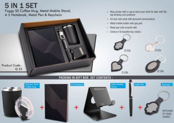 Q53 – 5 in 1 set: Foggy SS coffee mug, Metal pen, Metal mobile stand, A5 notebook and Keychain