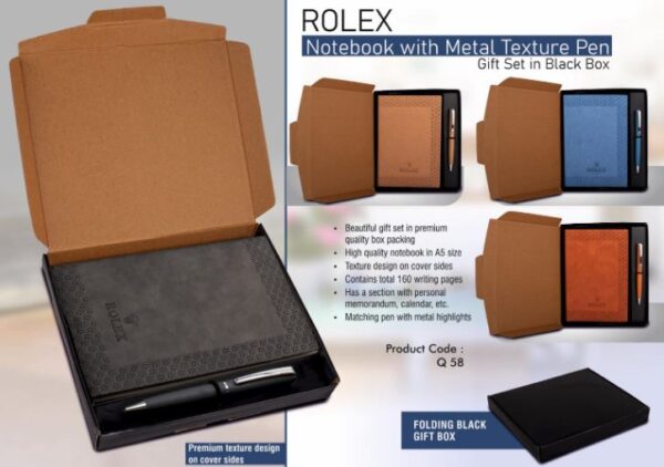 Q58 – Rolex Notebook with Metal Texture pen | Gift set in Black box