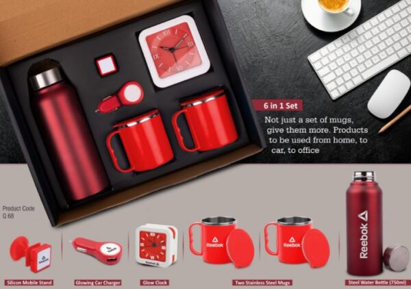Q68 – 6 in 1 set: Steel Water bottle (750ml), Silicon mobile stand, Glowing Car charger, Glow Clock, Two Stainless steel mugs