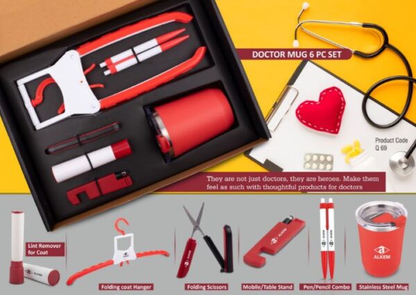 Q69 – Doctor Mug set: Folding Coat hanger, Lint remover, Folding scissors, Mobile/Tablet stand, Pen/Pencil combo, Stainless steel mug | 6 pc set