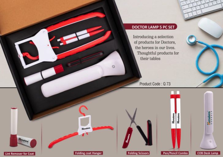 Q73 – Doctor Lamp set: Folding Coat hanger, Lint remover, Folding scissors, Pen/Pencil combo, COB Desk lamp | 5 pc set