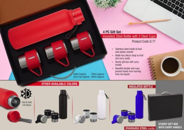 Q77 – 4 pc Gift Set : Insulated Steel bottle with 3 Steel cups | Keeps hot for 4-6 hours | Heavy Gift box with Handle