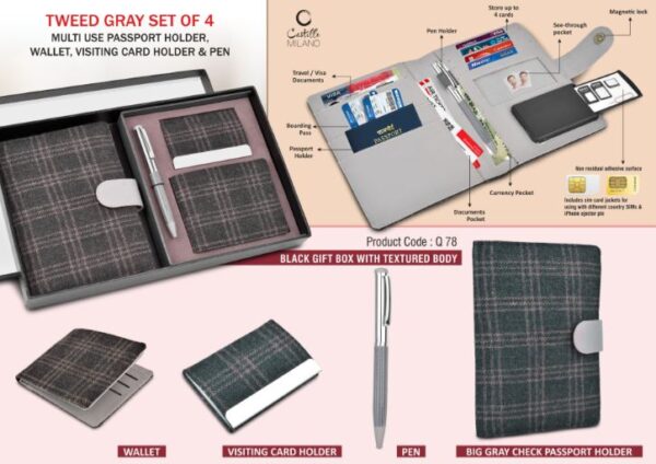 Q78 – Tweed Gray Set of 4: Multi use Passport holder, Wallet, Card holder, Metal Pen