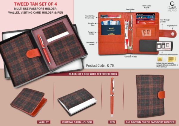 Q79 – Tweed Tan Set of 4: Multi use Passport holder, Wallet, Card holder, Metal Pen