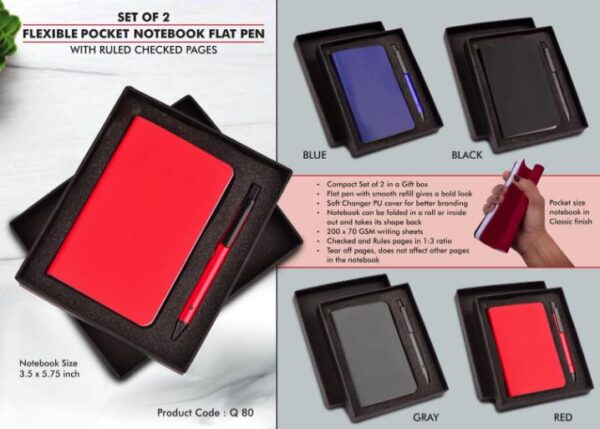 Q80 – Set of 2: Flexible Pocket A6 Notebook with Ruled & Checked pages with Flat Pen