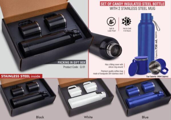 Q81 – Set of Candy Insulated Steel Bottle with 2 Stainless Steel cups in Gift box | Keeps hot/cold upto 6 hours | Exclusive blister packing