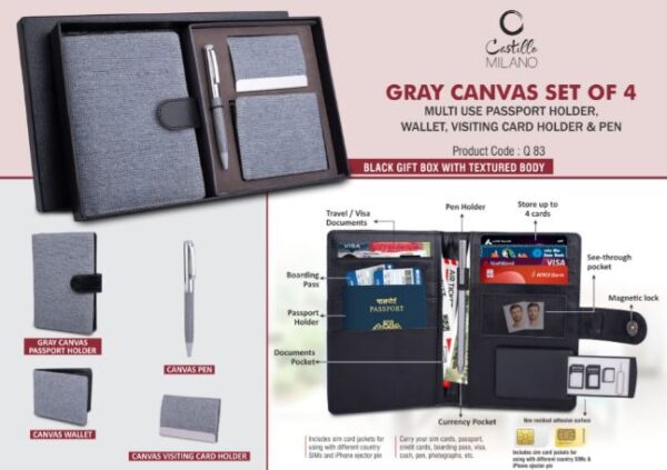 Q83 – Canvas Gray Set of 4: Multi use Passport holder, Wallet, Card holder, Metal Pen