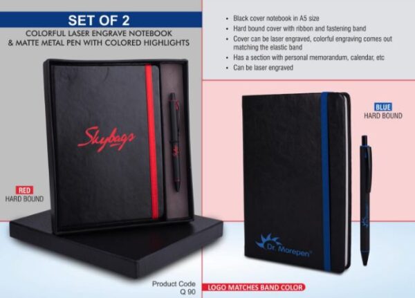 Q90 – Laser Engrave Color Notebook with Metal Highlight pen Gift set in Premium box