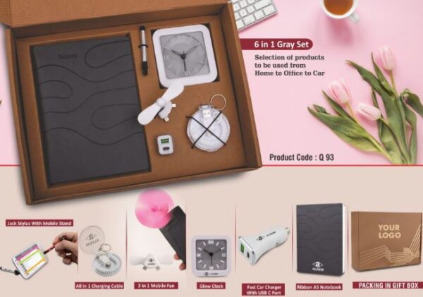 Q93 – 6 in 1 Gray set: Mobile Fan, All in 1 Cable with Keychain, Fast Dual USB Car charger, Jack stylus with phone stand, Glow Clock and A5 PU notebook in Kraft Gift Box