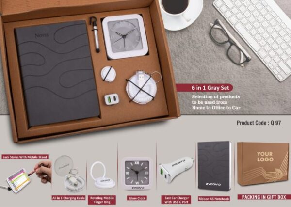Q97 – 6 in 1 Gray set: Mobile Finger ring, All in 1 Cable with Keychain, Fast Dual USB Car charger, Jack stylus with phone stand, Glow Clock and A5 PU notebook in Kraft Gift Box