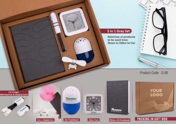 Q98 – 5 in 1 Gray set: Mobile Fan, Keychain with Car charger and cable, Air Freshener (100 gm), Glow Clock and A5 PU notebook in Kraft Gift Box