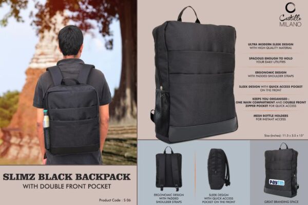S06 – Slimz black backpack with double front pocket