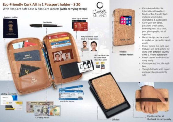 S20 – Eco-Friendly Cork All in 1 Passport holder With Sim Card Safe Case & Sim Card Jackets (with carrying strap)